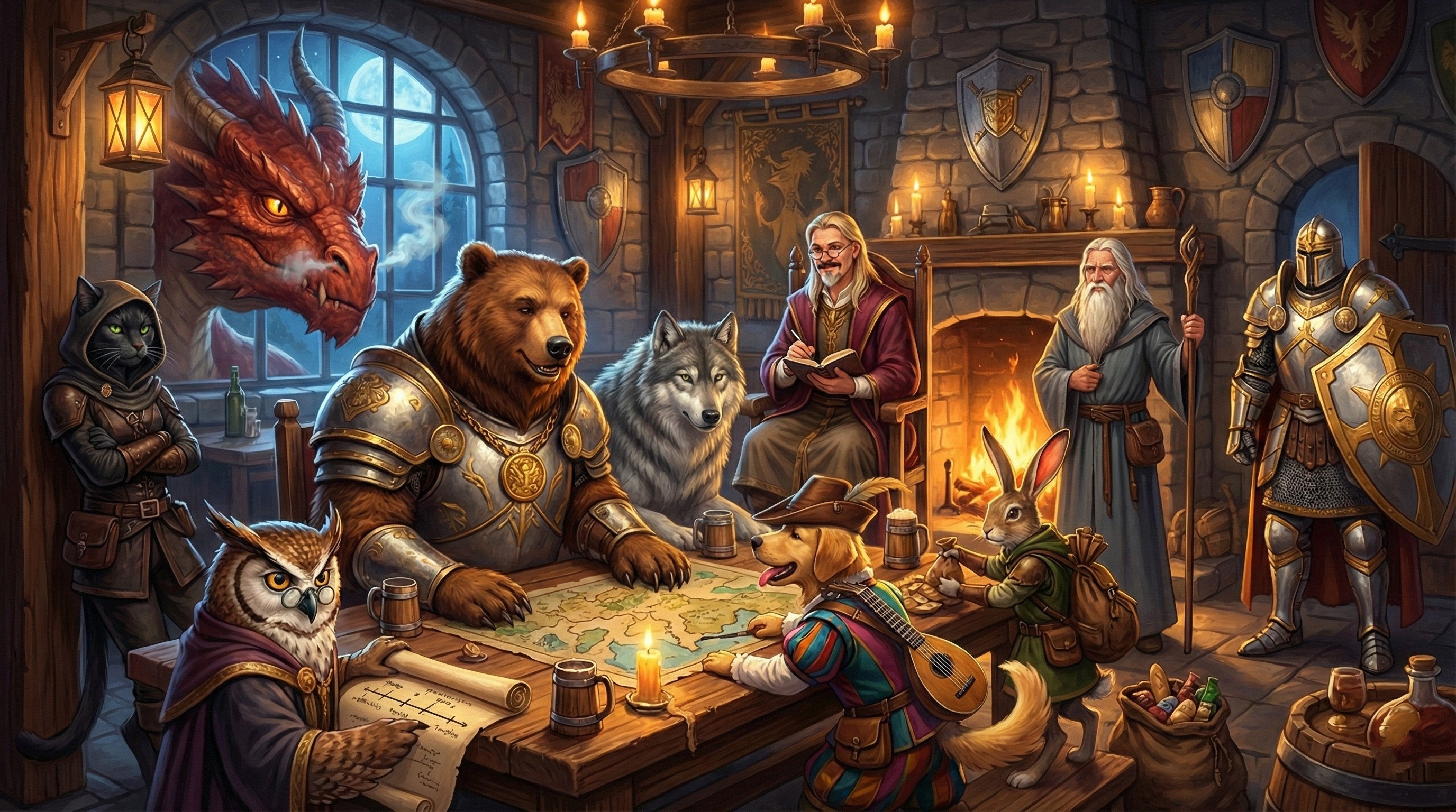 Campaign Mode agents gathered in a fantasy tavern — the six animal advisors (Bear, Cat, Owl, Puppy, Rabbit, Wolf) plan around a map table while Simon observes from by the hearth, Gandalf and the Guardian stand watch, and the Dragon peers in through the window